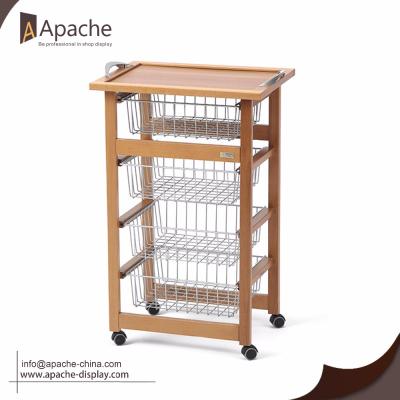 China Factory Direct Durable Kitchen Furniture Wooden Food Cart With Wire Basket for sale