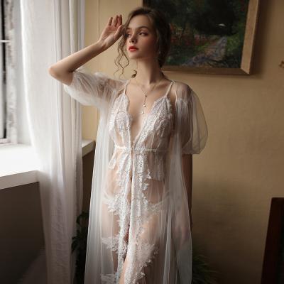 China Open Front Babydoll See Through Sexy Bossman Lingerie Nightgown Lace Exotic Bridal Sexy Nightgown Nylon Babydoll With Sheer Long Robe for sale