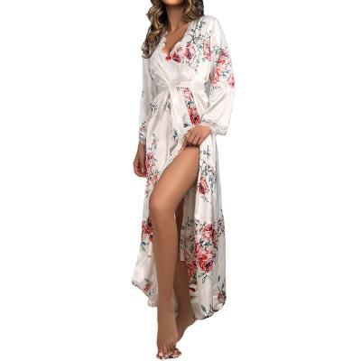 China Spandex/Polyester Mature Bossman Sexy Mature Ladies Satin Lace Waist Pajamas White Printed Pajamas Set for sale