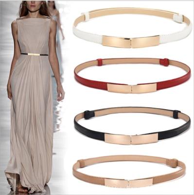 China Hot Selling Dress Belt 2021Amazon Women Belt Slim Metal Skinny Gold Elastic PU Leather Waist Belt for sale