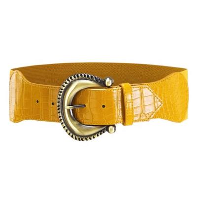 China 2021 Fashional Waist Belt 2021 Fashion Wide Buckle Large Metal Yellow Croc P Metal Chain Designs Wide Skirt Fashion Elastic Stretch Wedding Belt For Woman Model F00449 for sale