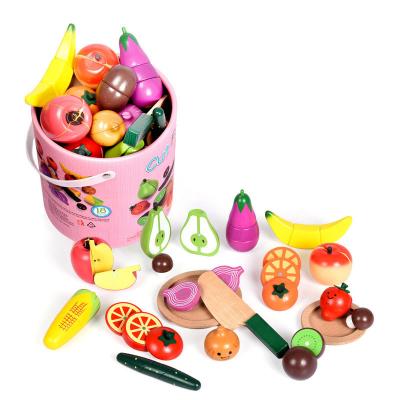 China Preschool Toy Kitchen Play Set Pretend Play Food Set Kids Paper Barrel Kids Wooden Cutting Vegetable Fruit Toy for Children for sale