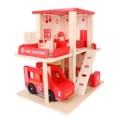 China Educational DIY Toy Set DIY Wood Children Pretend Toys Cos Simulation DIY Hut Office Fire Department Wooden Toys for sale