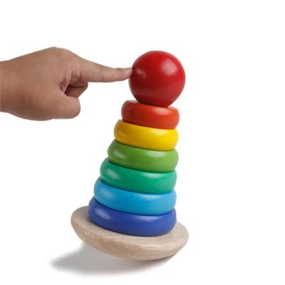 China Eco-friengly Shape Color Recognition Geometric Board Rainbow Nesting Tumbler Wooden Blocks Stacker Toys for sale