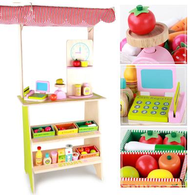 China Preschool Toy Kitchen Play Set Wooden Simulation Mini Fruit sale stall Shop Pretending Role House Store Set Toy for sale