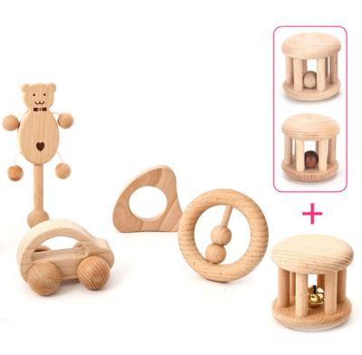 China Environmental Baby cartoon quality unpainted toys for babies and toddlers to chew teething rattles kids toys gift sets for sale