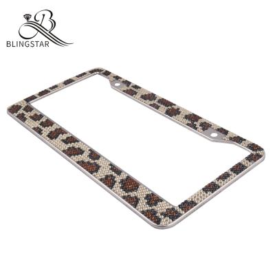 China We Can OEM Glitter Leopard Bling Rhinestone Stainless Steel Metal Frames For Women And Men Cars Plates for sale