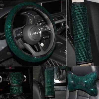 China Diamond Green Car Rhinestone Handbrake Gear Stop Bushing Diamond-Embedded Steering Wheel Cover for sale