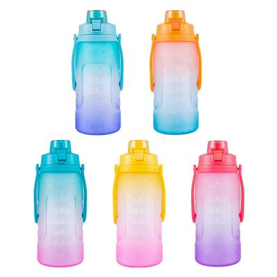 China Stocked 2000ML Large Capacity Gradient Color Plastic Gallon 64oz Half Sports Water Bottle With Time Marker for sale