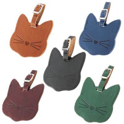 China Durable Personalized Pure Color Cute Cat Pattern Custom Logo PU Leather Luggage Name Tag For Promotional Gift Wholesale for sale