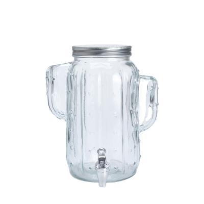 China Food 5L Cactus Glass Bottle New Big Round Glass Beverage Dispenser With Plastics Tap for sale