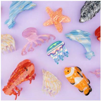 China Ladies Grip Niche Design Creative Ocean Blue Whale Rhinestone Starfish Octopus Dolphin Lobster Fish Acetate Hair Claw Clip for sale