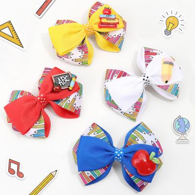 China Hair accessories New 4 Inch Hair Bows With Resin Accessories Pigtail Back To School Bow Hair Clips for Girls Toddle for sale