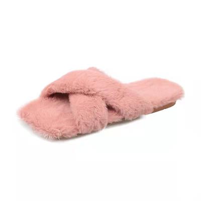 China Anti-Smell Fashion Women Vegan Faux Fur Slider Slippers Elegant Open Toe Fluffy House Slide Women Winter Slippers for sale