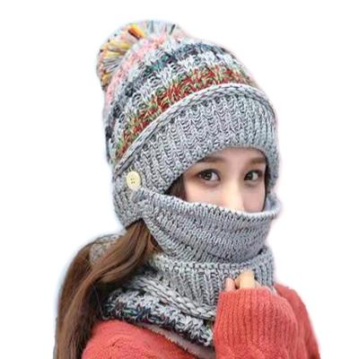 China Fashion\Wholesale High Quality Acrylic Comfortable\Durable Knit Hat Fleece Tie With Knit Pom Msak Neckloop Set Winter Knit Hat for sale