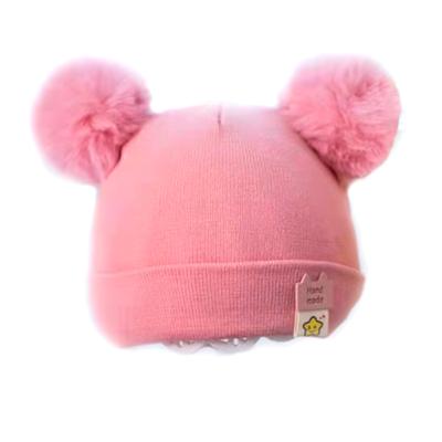 China Fashion\Wholesale Comfortable 100%\durable Cotton Lining Baby Hat With Faux Rabbit Fur Pompoms Winter Autumn Baby Warm Hat for sale