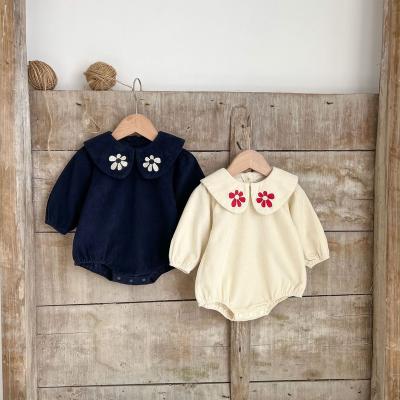 China Girls 0-3Y Babies Long Sleeve Korean Style Solid Color Embroidered Collar Corduroy Baby Romper Clothes for sale