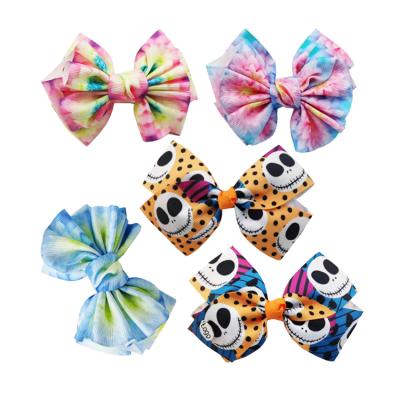 China Hair Clips 4 Inch 5 Inch Custom Print Halloween Skull Grosgrain Flower Ribbon Bow Hair Clips Rubber Bands Accessories for sale