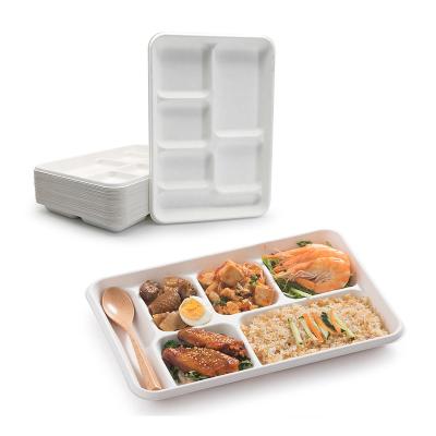 China New Design 6 Compartments Waterproof Biodegradable Microwave Heated Bagasse Fast Food Serving Container Heavy Duty Lunch Dish for sale