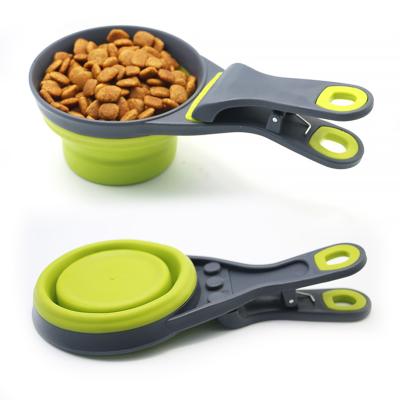 China Viable 3 In 1 Silicone Pet Bowl Dog Food Measure Collapsible Cups Spoons With Sealing Clip for sale