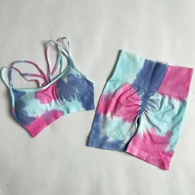 China Breathable New Design Cross Back Bra And Gaiters Spandex Crinkle Tie Dye Hip Gaiters Yoga Set for sale