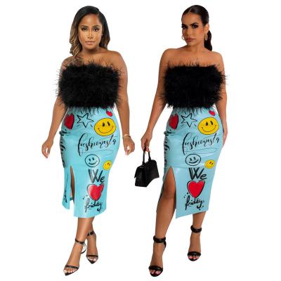 China New Arrival Anti-static Women's K&Y Skirts 2022 Summer Cute Bodycon Midi Slim Split Skirt Fashion Printing for sale