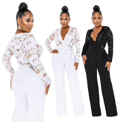 China Anti-pilling New K&Y Trends Ladies Fashion Long Sleeve Deep V-Neckline One Piece Elegant Sheer Transparent Sexy Lace Tops Overalls For Office Wear for sale