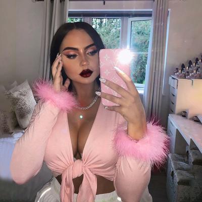 China K&Y anti-pilling feathers fashionable blouse ladies sexy woman tops casual V-neck crop top bandage pink long sleeve T-shirt for sale