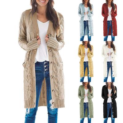 China Anti-Wrinkle K&Y Winter Cardigans Sweater Woman Button Cable Knitting Long Side Pocket Casual Stylish Knee Length Pattern Long Cardigan for sale