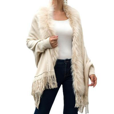 China K&Y Anti-wrinkle Ladies Sweater Fashion Tassel Faux Fur Collar Poncho Cape Sweater Tops Cloak Shawl Cardigan Sweater Wrap Coat for sale