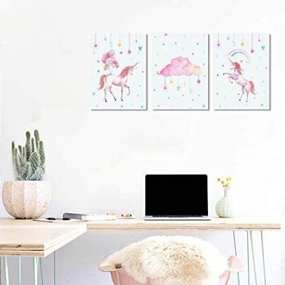 China Tropical Pink Unicorn Canvas Wall Art From Grils Bedroom View Wall Decor Stretched Frame Easy To Hang 3 Panels for sale