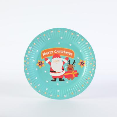 China Customized Paper Cup Eco-friendly Christmas Paper Plate Set Cheap Disposable Pattern Printing Dinner Golden Coated Paper Plate for sale