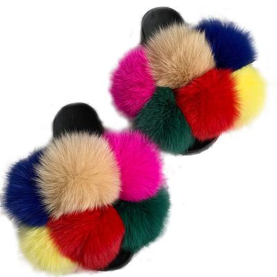 China Wholesale Summer Luxury Custom Indoor Outdoor Sandal Fashion Cushioning Flat Bottom EVA Real Fox Fur Slides Fuzzy Slippers For Women for sale