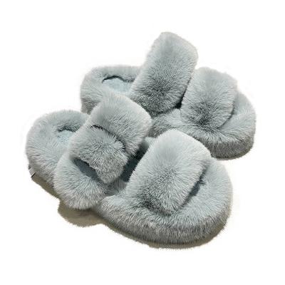 China Cushioning Wholesale Fashion Designer Rubber Flat Fluffy Faux Fur Casual Slippers For Women for sale