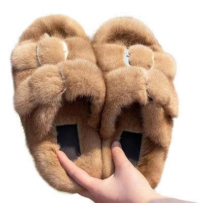 China Fashion Trend Wholesale Custom Designer Flat Bottom Indoor and Outdoor Fuzzy Real Mink Fluffy Fur Slides Slippers For Women for sale