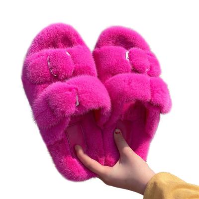 China Wholesale Custom Fashion Designer Indoor And Outdoor Flat Bottom Fuzzy Real Mink Fluffy Fur Slides Slippers For Women for sale