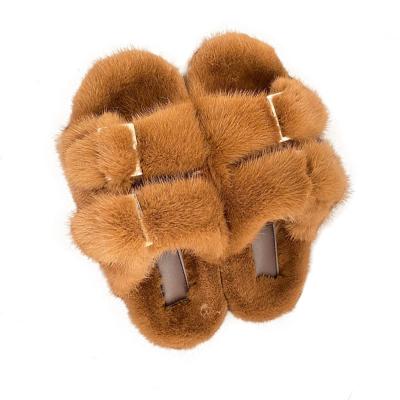 China Fashion Trend Wholesale Custom Designer Flat Bottom Indoor and Outdoor Fuzzy Real Mink Fluffy Fur Slides Slippers For Women for sale