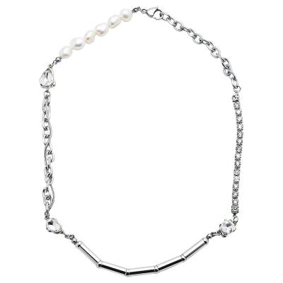 China Free Sample TRENDY My Fair Lady Diamond Zirconia Tennis Chain Freshwater Pearls PVD Stainless Steel Tarnish Free Chain Necklace for sale