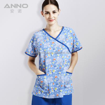 China Cute Hospital Prints Mock Wrap Y-Neck Scrub Top Scrubs Wholesale for sale