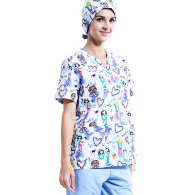 China Lady Uniform Quality Anti-Shrink Fashion Printed Little Nurse Lady Uniform V-Neck Scrub Top for sale