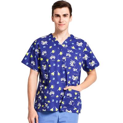 China Hot Selling Breathable Classic Blue Dandelion Quality Print Color Dogs Unisex V-Neckline Scrub Top for sale