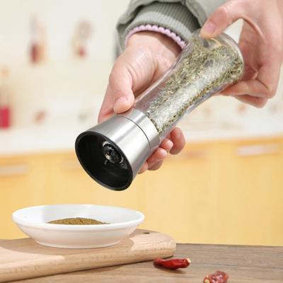 China Viable Spice Tools Wholesale Hot Sale Wholesale Chili Mill Glass Bottle Ceramic Core Manual Stainless Steel Adjustable Salt and Pepper Grinder for sale