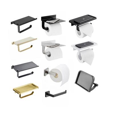 China Modern Professional Export To Amzaon Luxury Stainless Steel Aluminum Gold Black Toilet Paper Holder With Storage Shelf Adhesive for sale