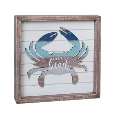 China Vintage Ocean Series Home Art Desk Ornament Folk Wood Frame Crab Hollow Decoration Wall Hanging - LIFE IS A BEACH for sale