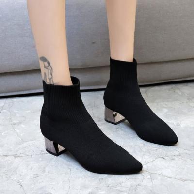 China Sandal Flats Short Boots 2019 Women's New Medium Heel Pointed Knitted Elastic Boots Women's Shoes Short Boot Knitting Fashion for sale