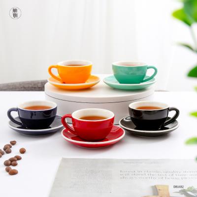 China Viable Custom Matching Simple Ceramic Black Coffee Cup And Colors Cup Handcrafted Cappuccino Tea Cup With Saucer Set for sale