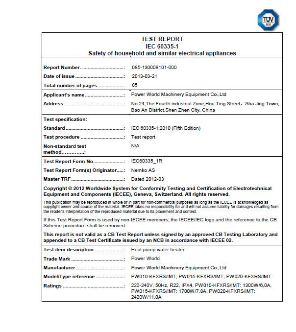 TUV CB IEC test report - Shenzhen Power World New Energy Technology Co., Ltd.