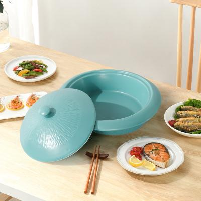 China Sustainable High Temperature Resistance Round Ceramic Soup Bakeware Earthenware Casserole With Cover Dish Food Pot Warmer Sets for sale