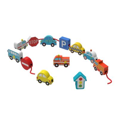 China Playing Wooden Lacing Threading Toys Early Educational String And Lace Beads Games City Cars Learning Toy for sale