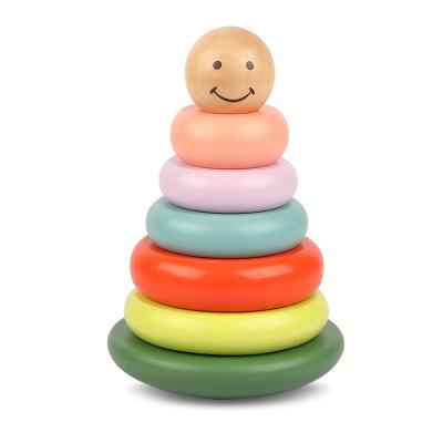 China Eductional Preschool Toys Stacking Rings Toy Wooden Colorful Simle Face Tumbler Stacker Toddler Learning Toys for 18 Months for sale